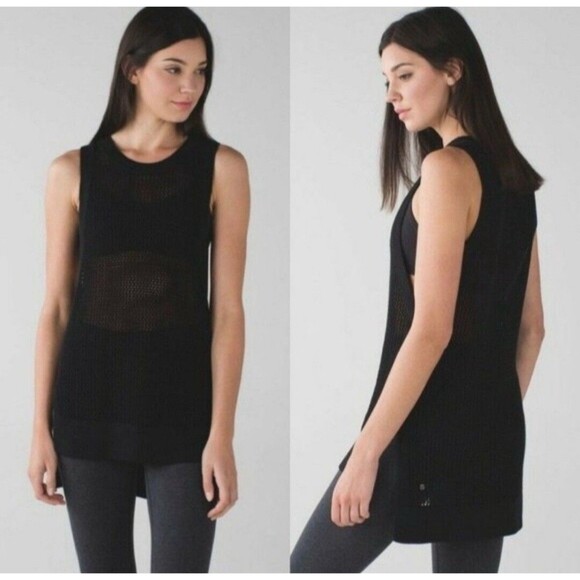 Lululemon Simply The Vest Black Crochet Mesh Knit Top Hi Low - See Size Notes - Picture 1 of 10
